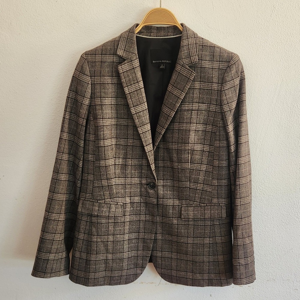 Banana Republic Plaid Wool Blend Single Button Blazer 12 Academia Old Money
